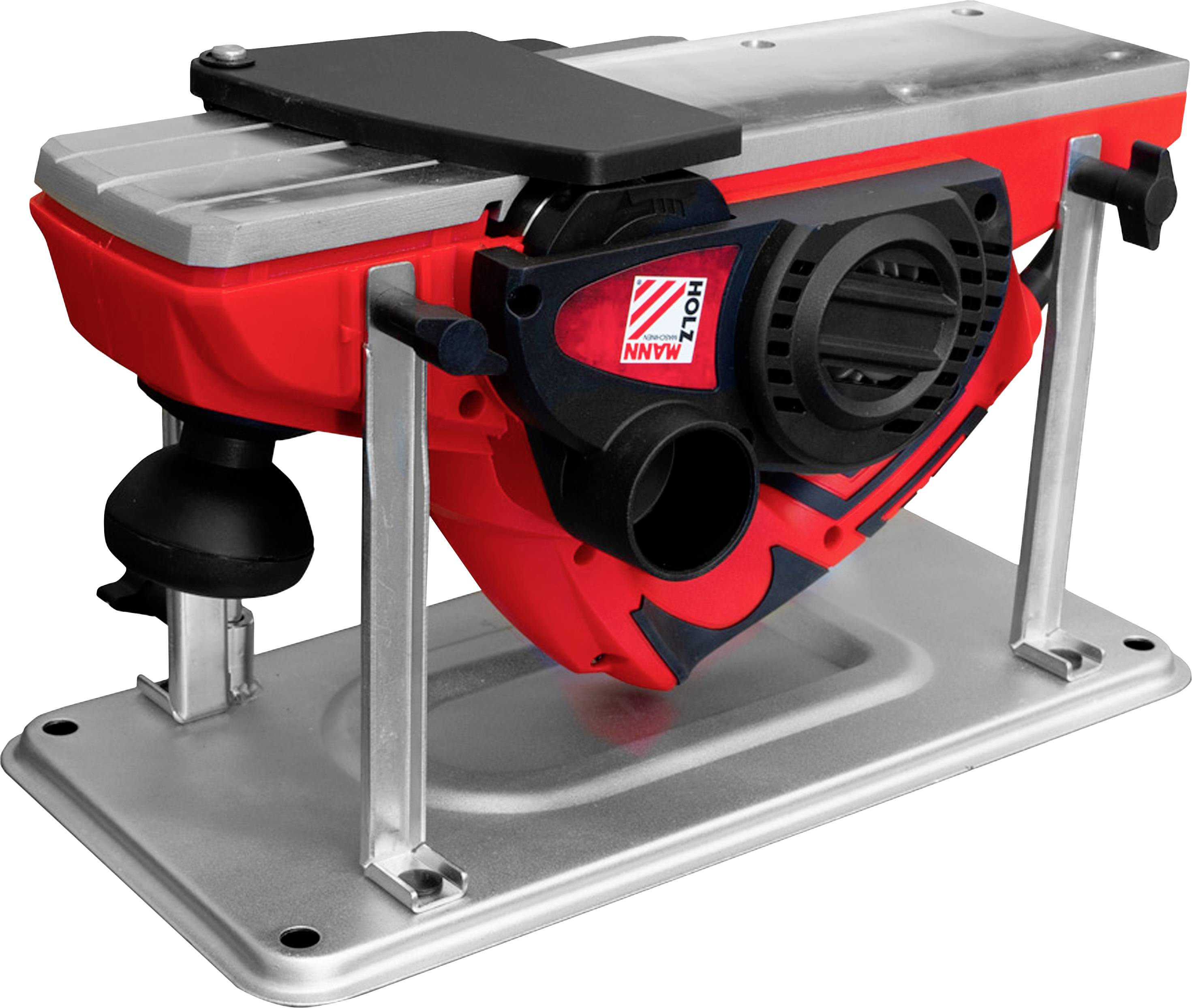 Ein roter elektrischer Hobel, auf einem Metallgestell montiert, zur Holzbearbeitung verwendet.