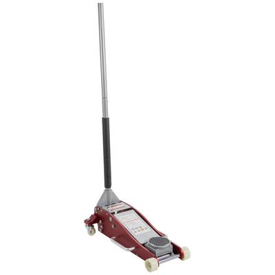 Ein roter hydraulischer Wagenheber mit langem Griff, auf Rädern zum einfachen Anheben von Fahrzeugen. Geeignet für Werkstattnutzung.