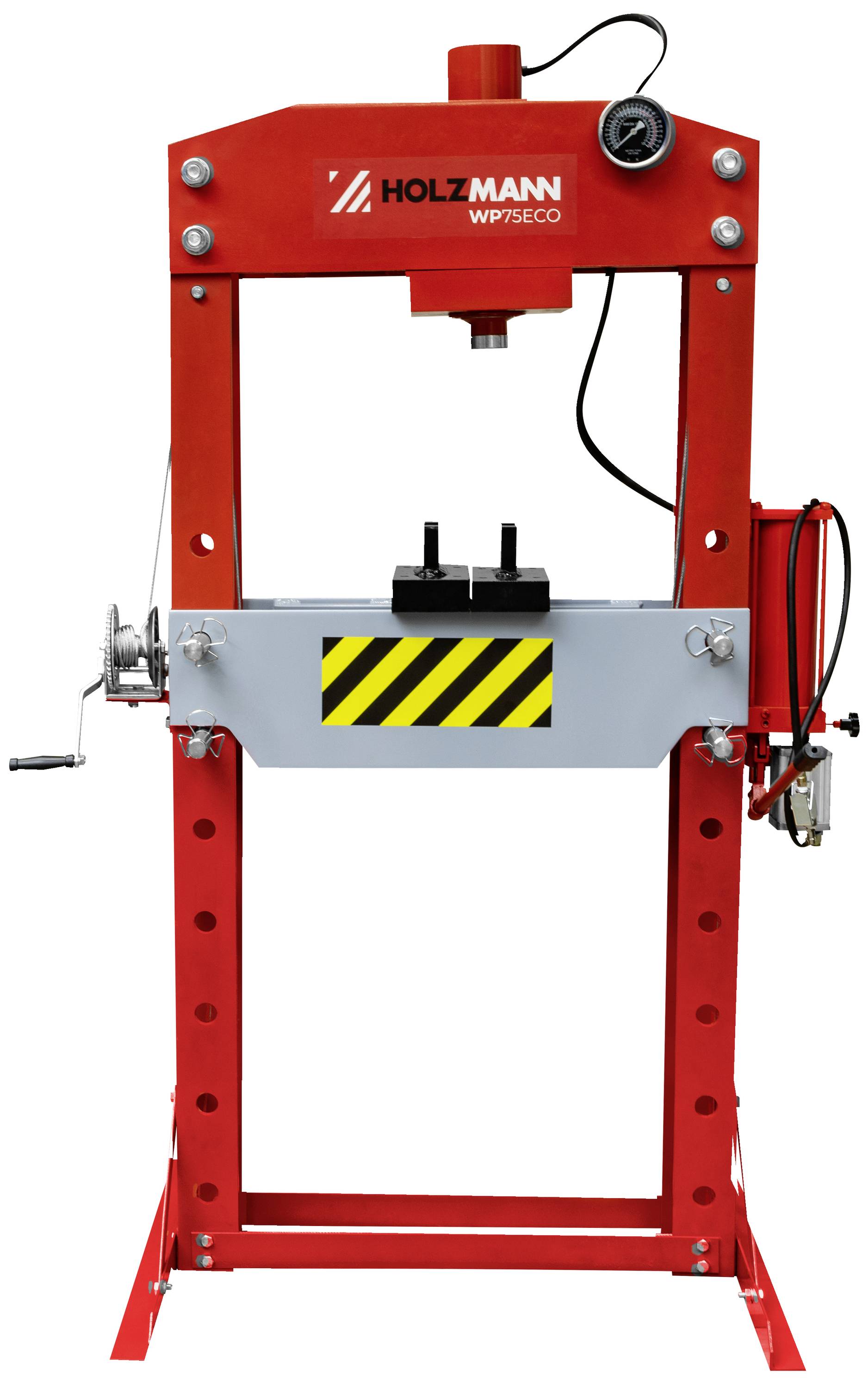 Rote Hydraulikpresse mit Druckanzeige und Kurbel, Marke 'Holzmann WP75ECO', zur Metallbearbeitung in einer Werkstatt verwendet.