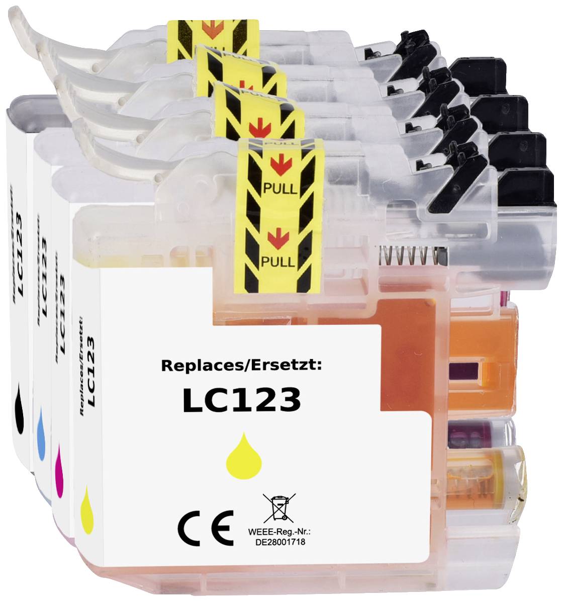 Ein Set von vier nachfüllbaren Druckerpatronen (schwarz, cyan, magenta, gelb) für das Modell LC123, mit 'Pull'-Laschen zum Entnehmen.