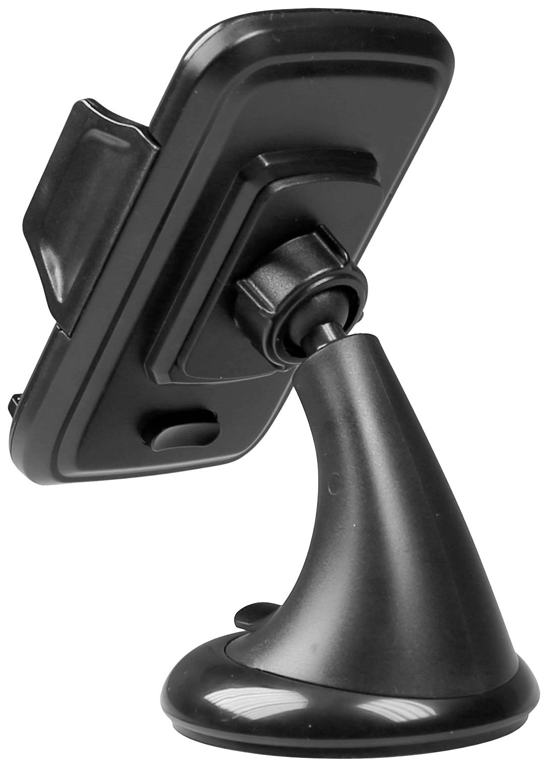 Schwarze Handyhalterung mit flexiblem, gewölbtem Arm und runder Basis. Ideal zum Befestigen von Smartphones im Auto.