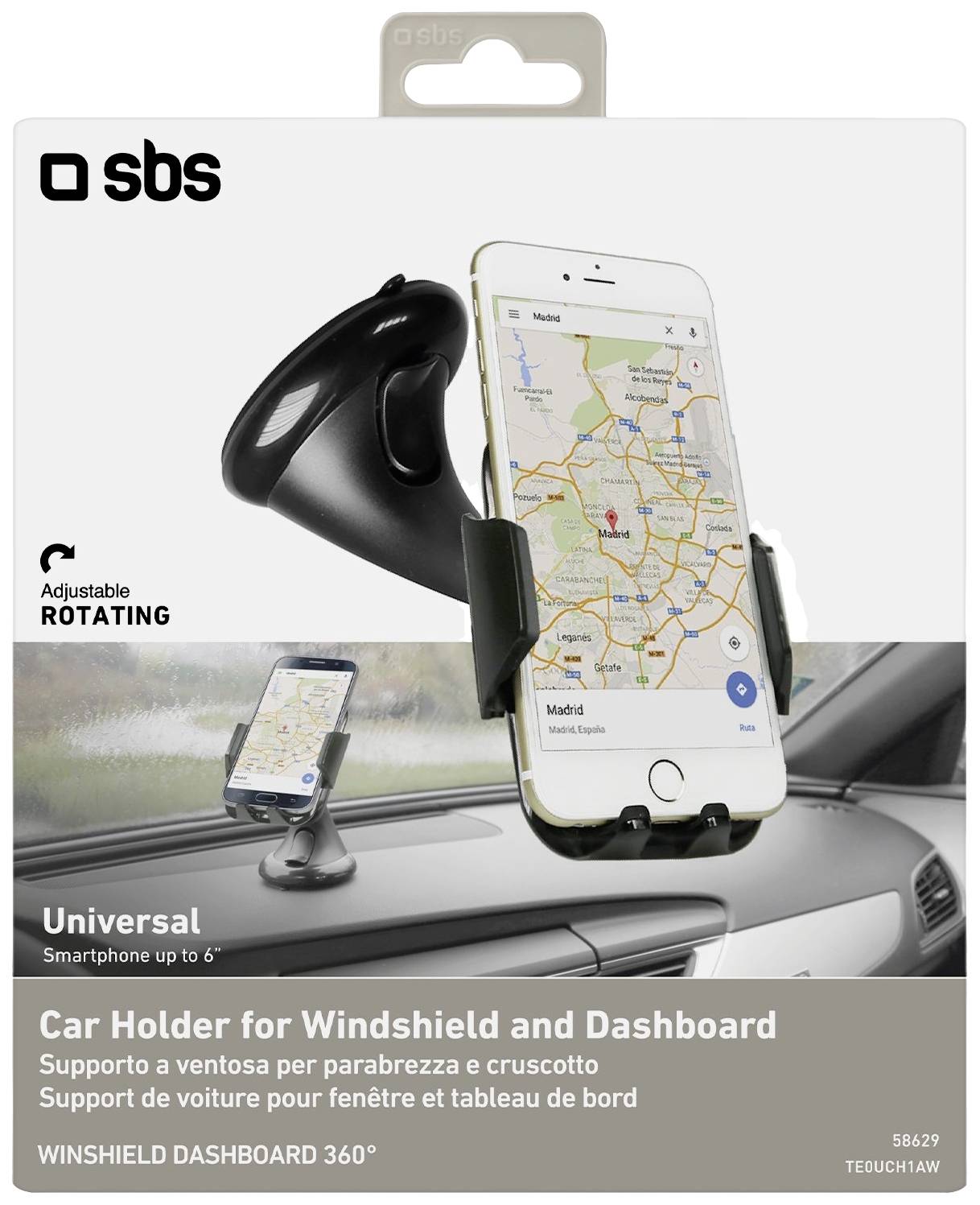 Auto-Handyhalterung für Windschutzscheibe oder Armaturenbrett. Zur Befestigung von Smartphones bis 6 Zoll. Verstellbar und rotierbar.