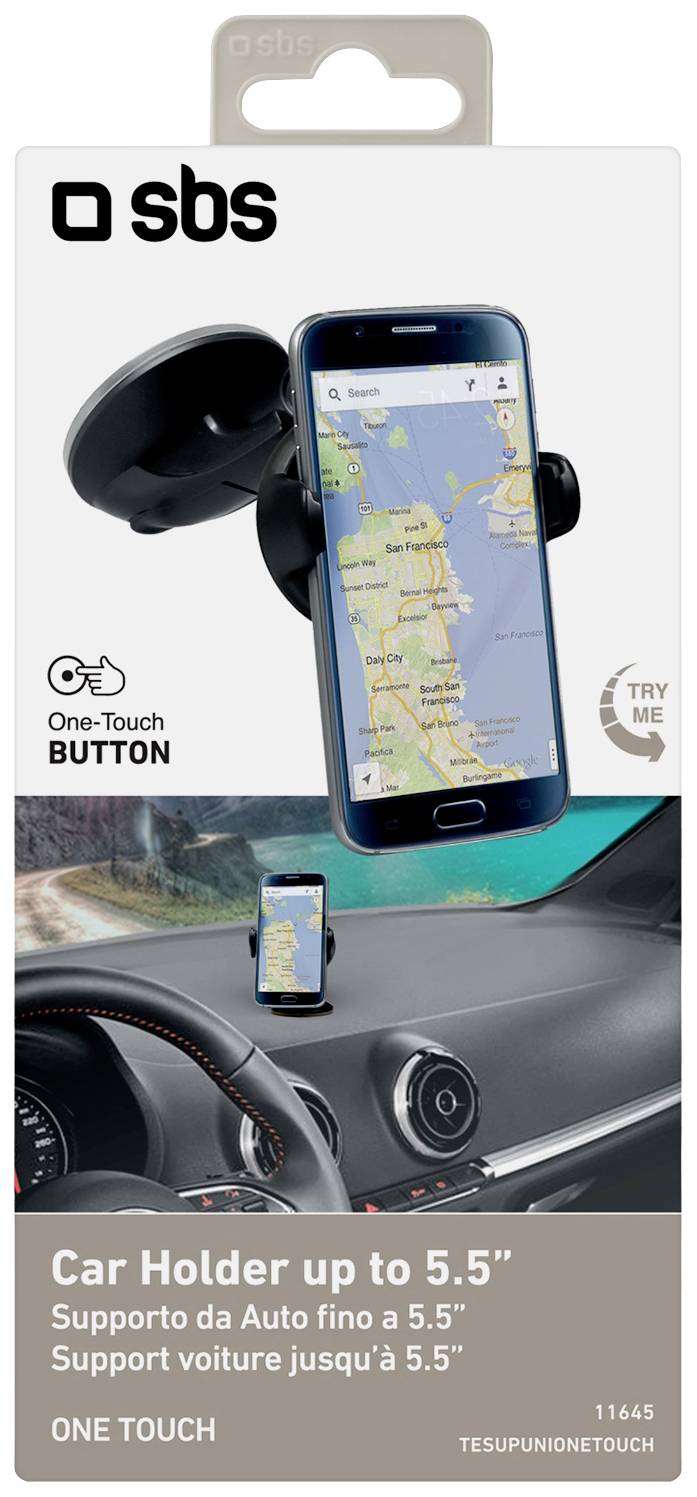 'Auto-Halterung bis zu 5,5 Zoll.' Bild zeigt eine Smartphone-Halterung in einem Auto, mit einem Smartphone, das eine Karten-App zeigt.
