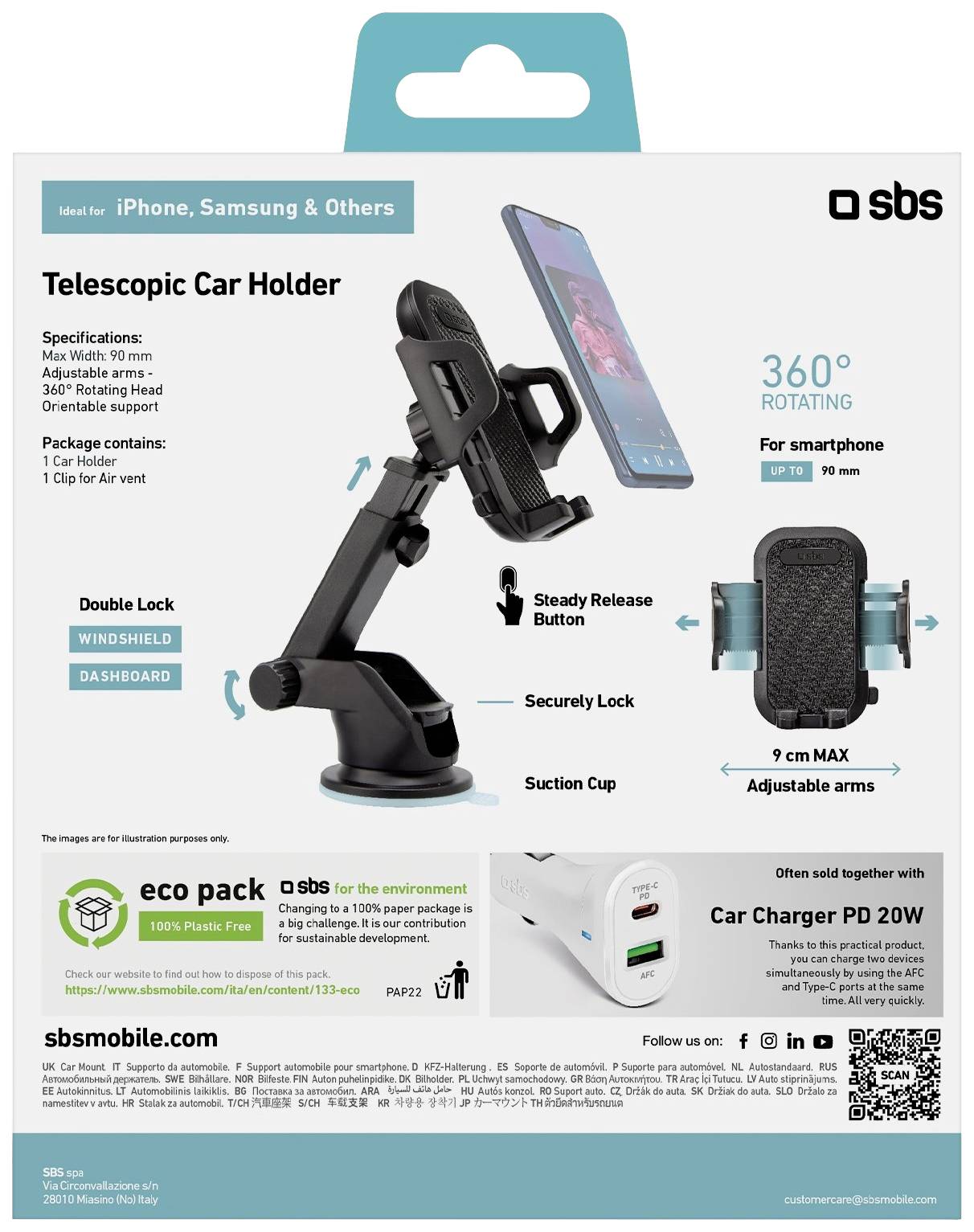 Teleskopische Auto-Halterung für Smartphones bis 6,9 Zoll. 360° drehbar, einstellbare Arme. Mit Saugfuß und Doppelschloss.