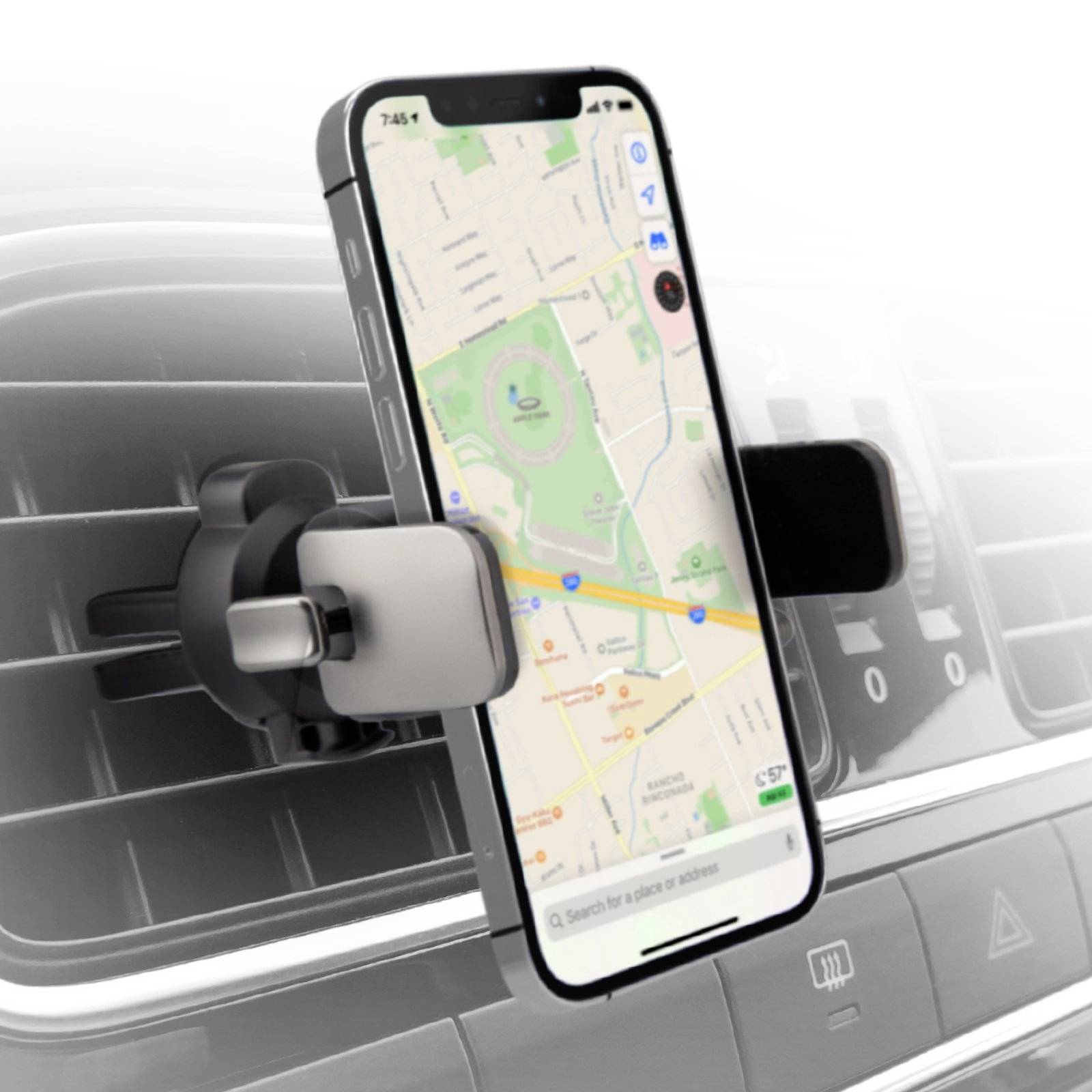 Ein Smartphone zeigt eine Navigationskarte in einer Autohalterung, die am Lüftungsgitter eines Fahrzeugs befestigt ist.