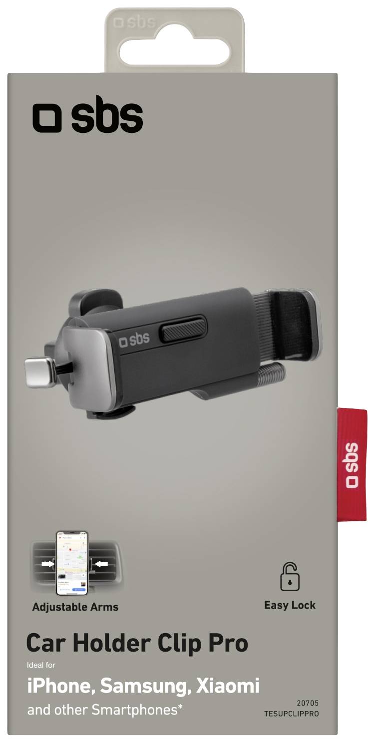 Autohalterung 'Car Holder Clip Pro' von SBS für Smartphones, verstellbare Arme, einfacher Verschluss. Geeignet für iPhone, Samsung, Xiaomi.