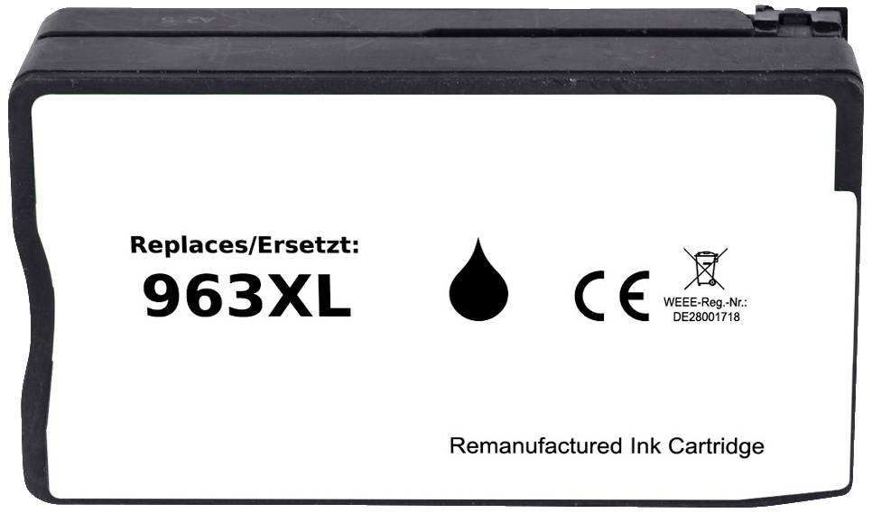 'Remanufactured Ink Cartridge' Kartusche, Ersatz für 963XL, schwarzes Tintentropfen-Symbol, CE-Kennzeichnung, WEEE-Reg.-Nr.: DE28007118.