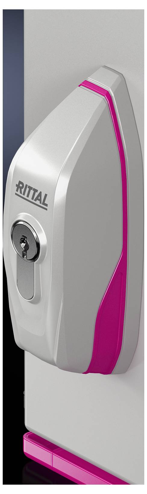Ein silberfarbenes Schloss mit dem Logo 'RITTAL', Details in Pink, an der Kante eines weißen Gehäuses.