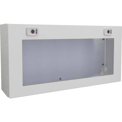 Weiße rechteckige Box mit durchsichtigem Fenster und zwei kleinen, rechteckigen, bauteilartigen Elementen in den oberen Ecken.