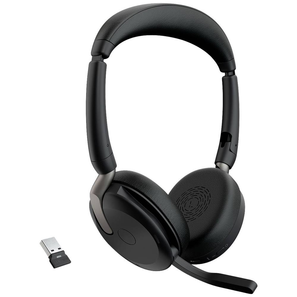 Jabra Evolve2 65 Flex Link380a UC On Ear headset Computer Bluetooth Stereo Zwart Noise Cancelling Headset, Microfoon uitschakelbaar (mute), Volumeregeling,