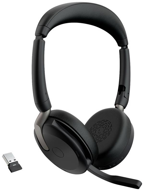 Jabra Evolve2 65 Flex Link380a UC On Ear Headset Bluetooth® Stereo Schwarz Noise Cancelling Headset, Mikrofon-Stummschaltung, Lautstärkeregelung, Induktion, Faltbar Computer