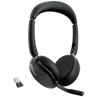 Schwarzes kabelloses Headset mit integriertem Mikrofon, geeignet für PC und mobile Geräte, abgebildet mit einem USB-Dongle für die Verbindung.