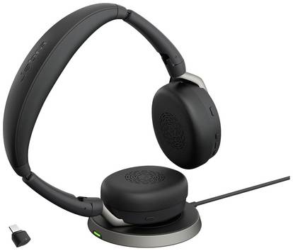 Jabra Evolve2 65 Flex Link380c MS + Ladepad  On Ear Headset Bluetooth® Stereo Schwarz Noise Cancelling Headset, Mikrofon-Stummschaltung, Lautstärkeregelung, Induktion, Faltbar Computer