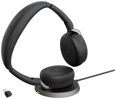 Jabra Evolve2 65 Flex Link380c MS + Ladepad  On Ear Headset Bluetooth® Stereo Schwarz Noise Cancelling Headset, Mikrofon-Stummschaltung, Lautstärkeregelung, Induktion, Faltbar Computer