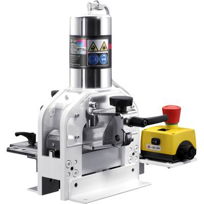 Eine Maschine zur Bearbeitung von Metallen mit einem mechanischen Hebel und einem gelben Schalter mit Aufschrift 'ON/OFF'.