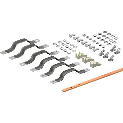 Ein Set von Befestigungsteilen, darunter wellenförmige Metallstreifen, Schrauben, Muttern, Klemmen und eine Kupferschiene.