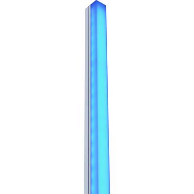 Ein blau leuchtendes, vertikal stehendes Lichtrohr in einem modernen Design.