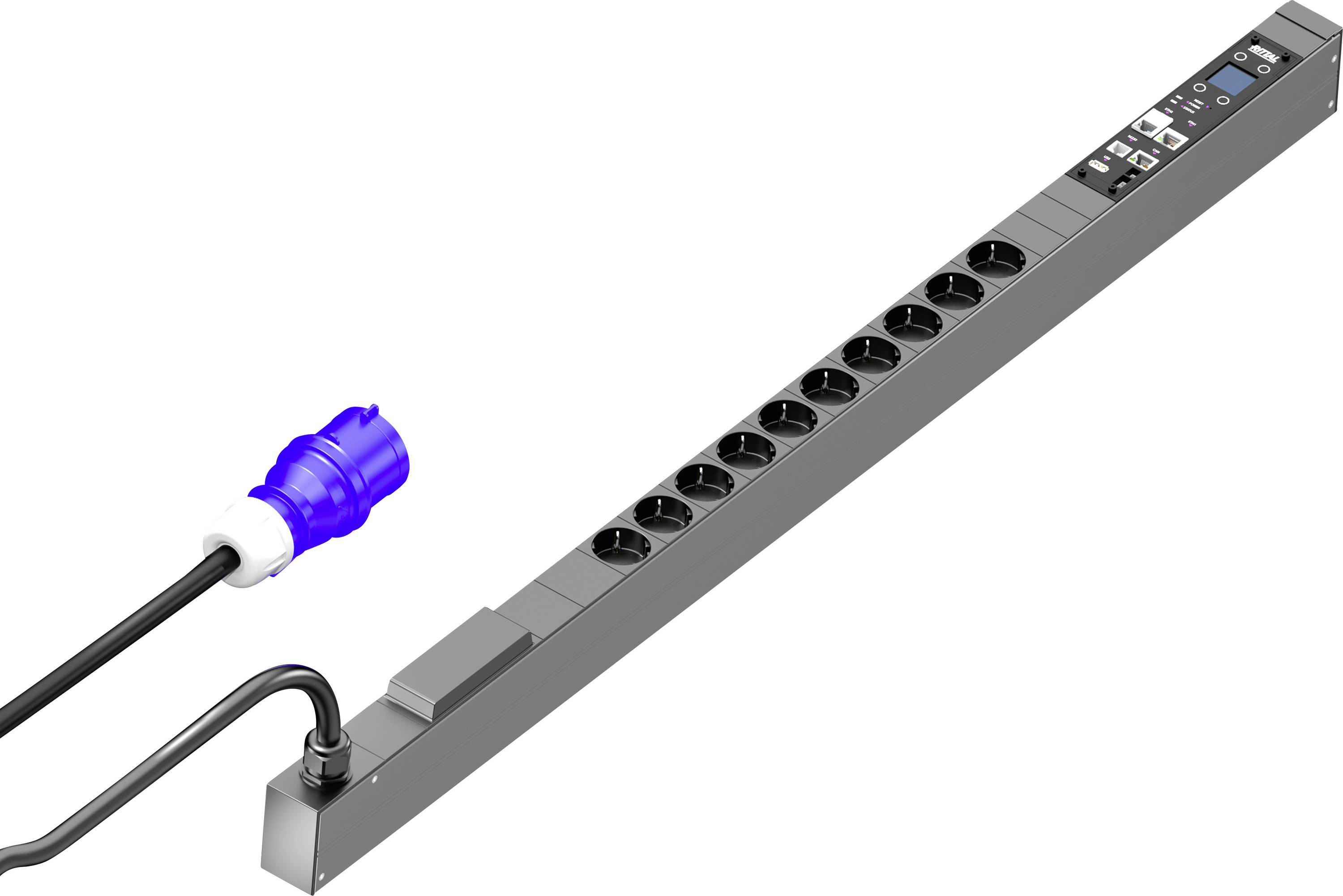 Stromverteilerleiste mit blauem Stecker und neun schwarzen Steckdosen, geeignet für IT- und Serveranwendungen.