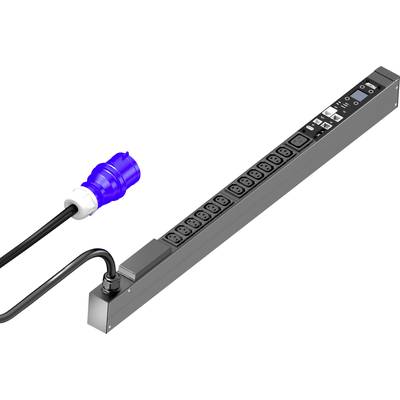 Stromverteilerleiste mit mehreren Steckdosen und einem blauen, industriellen Stecker, geeignet für Serverräume oder Rechenzentren.