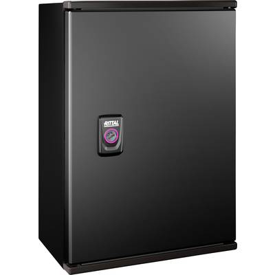 Ein schwarzer Elektronikschrank mit einem Griff und dem Rittal-Logo auf der Vorderseite.