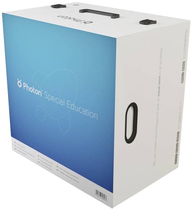 Größerer, weißer Karton mit blauer Fläche und der Aufschrift 'Photon Special Education', Tragegriffen an den Seiten.