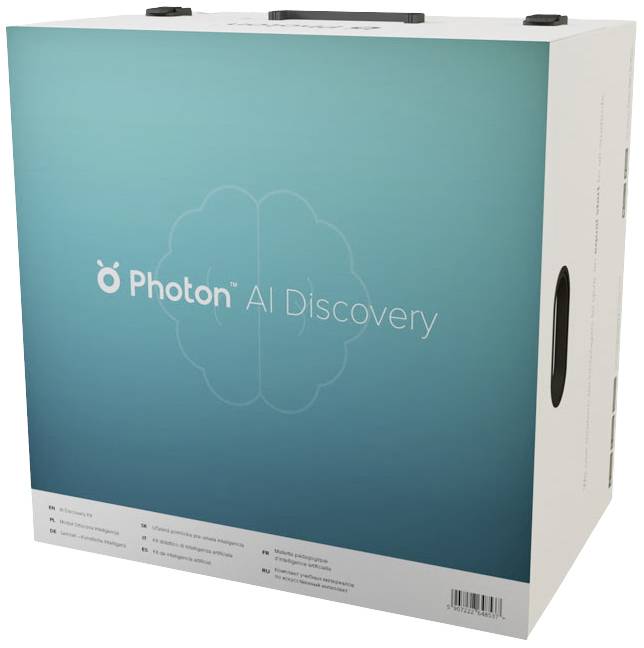 Eine weiße Verpackung mit grüner Vorderseite, zeigt ein Gehirn-Logo und den Text 'Photon AI Discovery'.