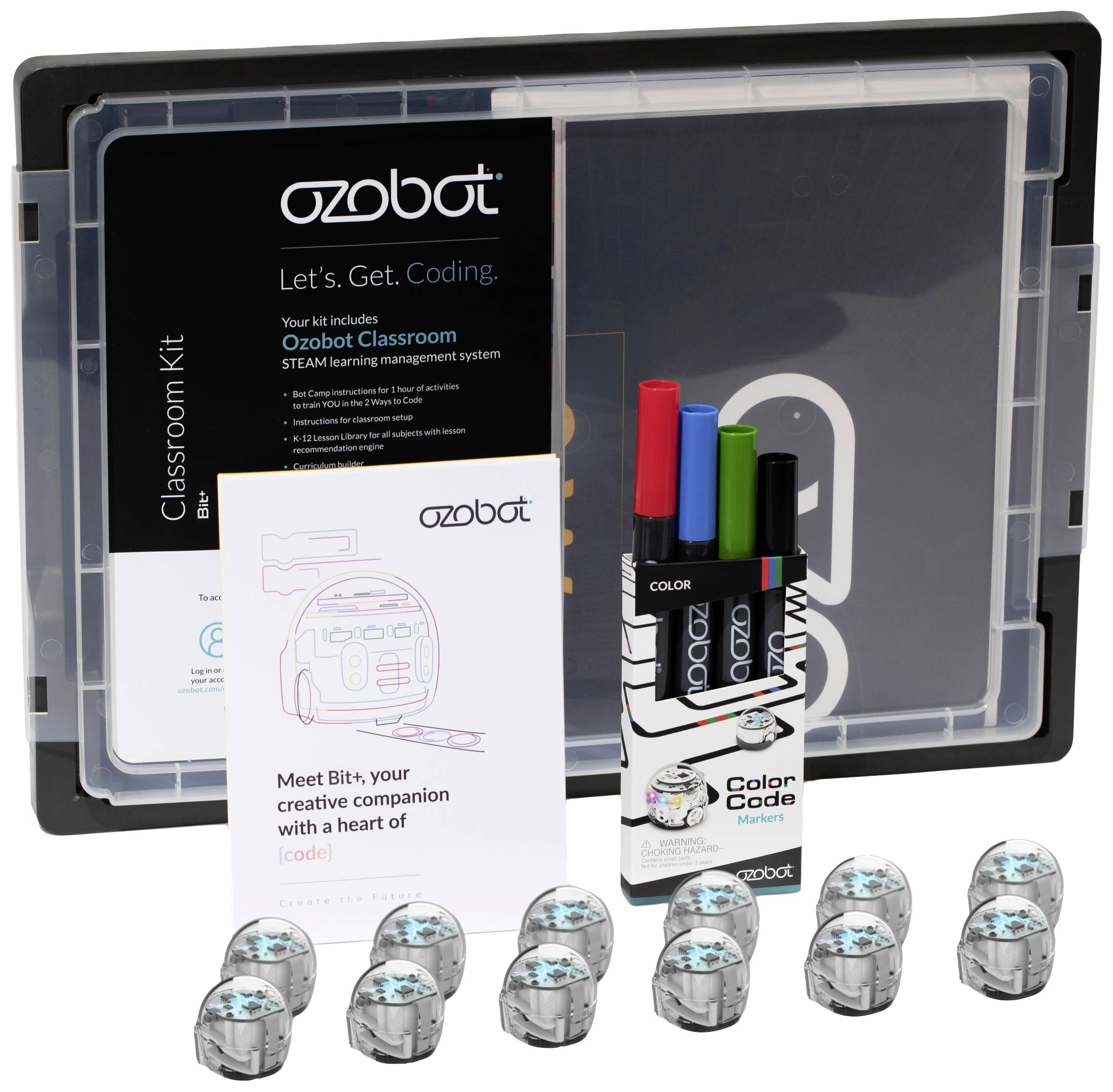 Ein Set von Ozobot Classroom Kits mit zehn kleinen Robotern, einem Codierungsbuch, farbigen Markern und zusätzlichem Zubehör zum Erlernen von Programmierung.