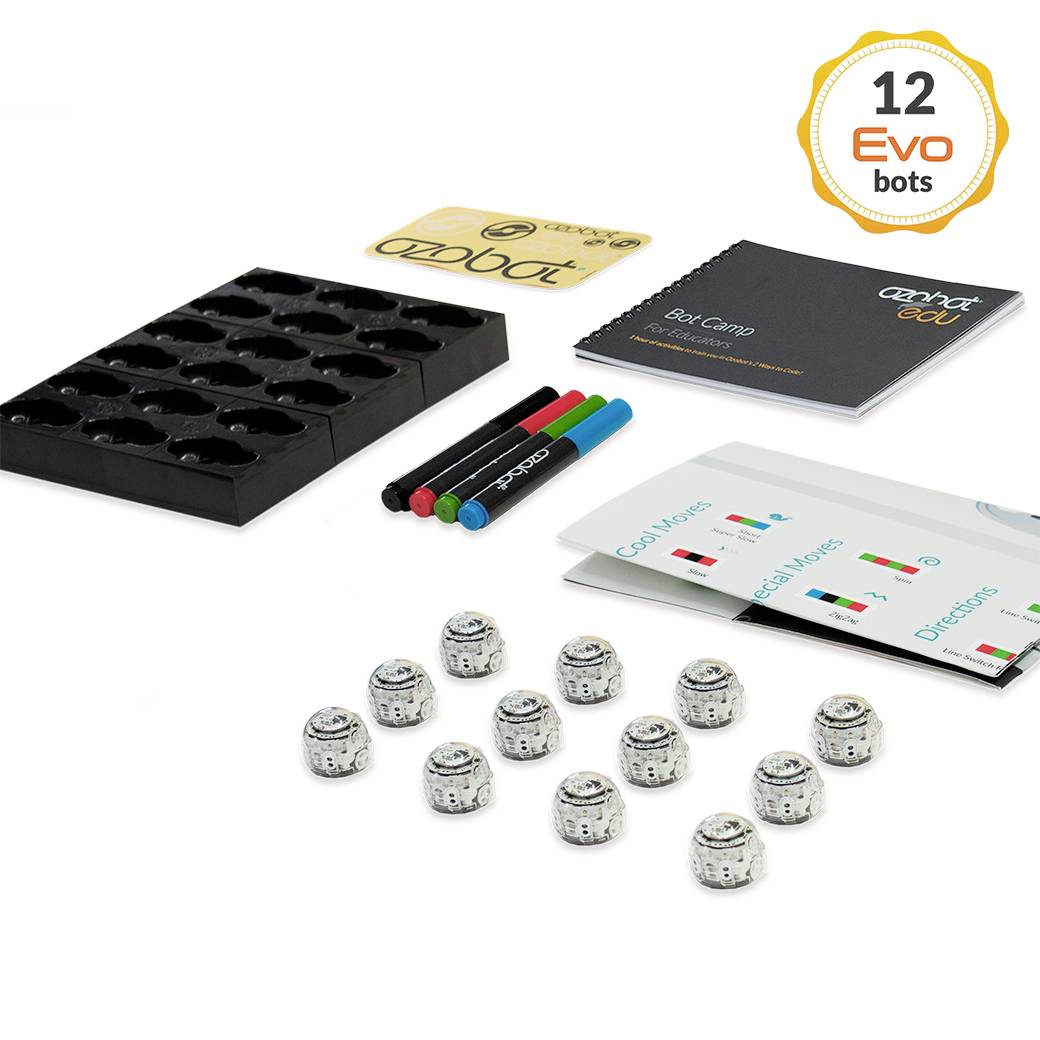 Zwölf kleine, silberne, kugelförmige Roboter auf einer weißen Oberfläche, begleitet von einem Set bunter Stifte und Handbüchern.