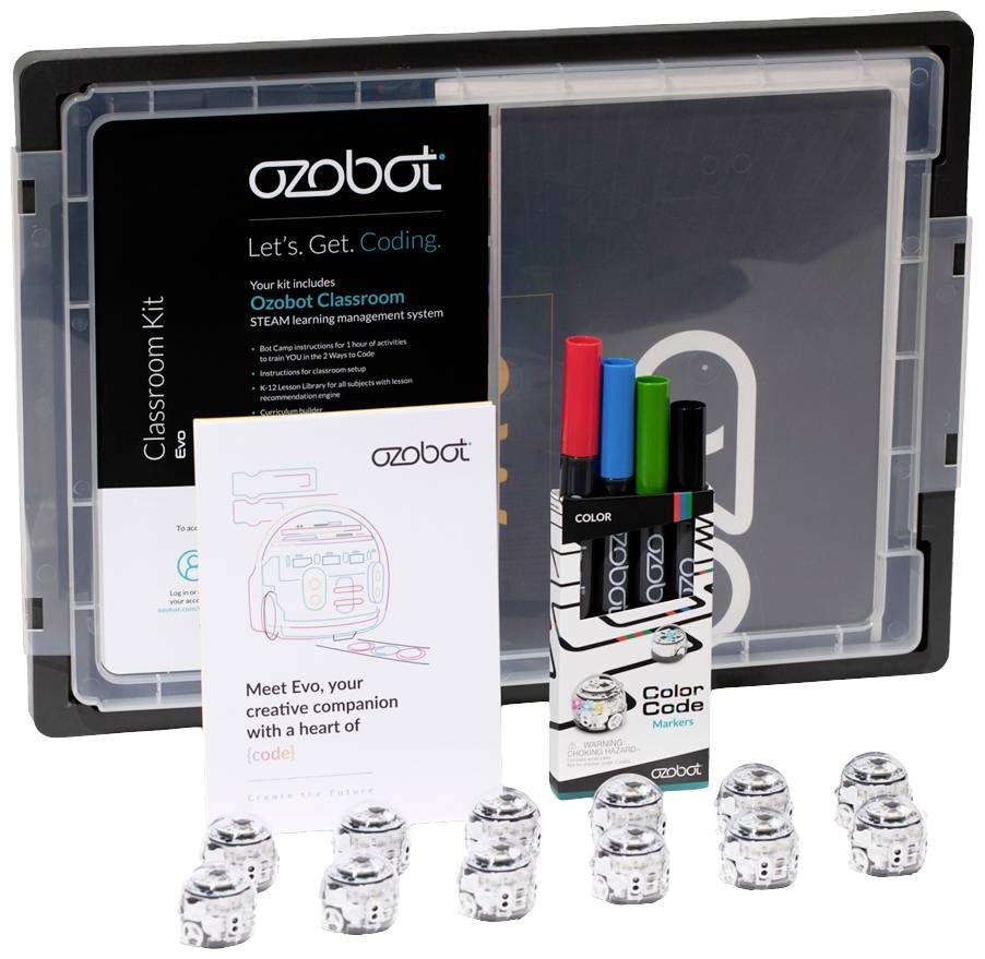 Ozobot Classroom Kit mit acht Robotern, Farbcodierungsstiften und Bedienungsanleitung auf weißem Hintergrund.