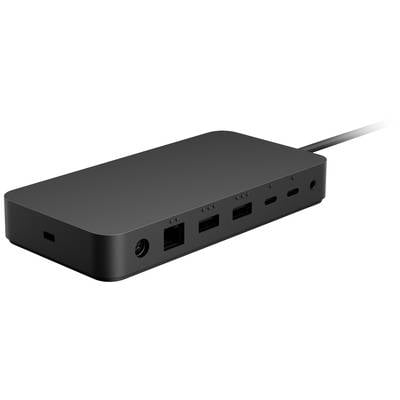 Ein schwarzes Desktop-Dock mit mehreren Anschlüssen: USB, Ethernet und Stromanschluss, geeignet zum Anschluss mehrerer Geräte.