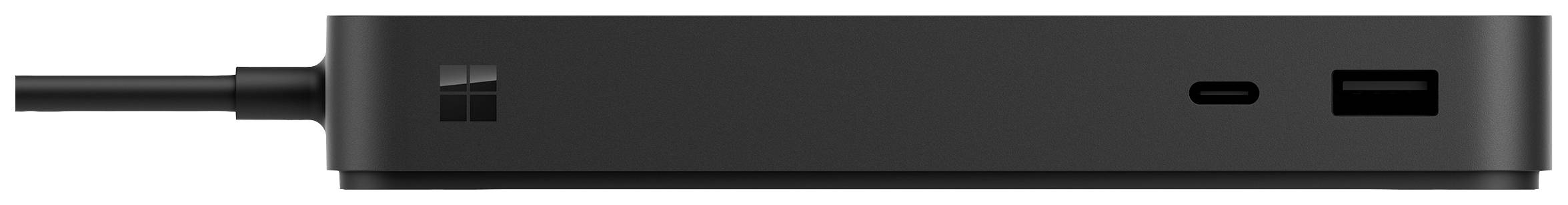 Schwarze Box mit Kabelanschluss und zwei Anschlüssen auf der rechten Seite, Logo auf der linken Seite. Gerät zur elektronischen Verbindung.