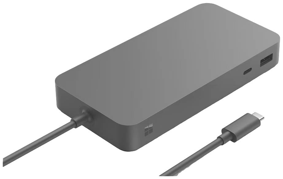 Ein rechteckiges, graues Docking-Station-Gerät mit mehreren Anschlüssen, einschließlich USB-C, und einem angeschlossenen Kabel.