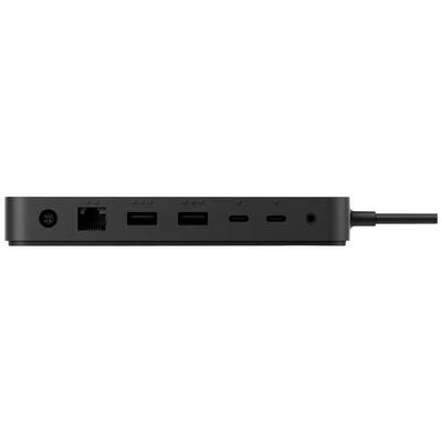 Rückansicht eines Hubs mit mehreren Anschlüssen: Strom, Ethernet, zwei USB-A, zwei USB-C und Audiobuchse.