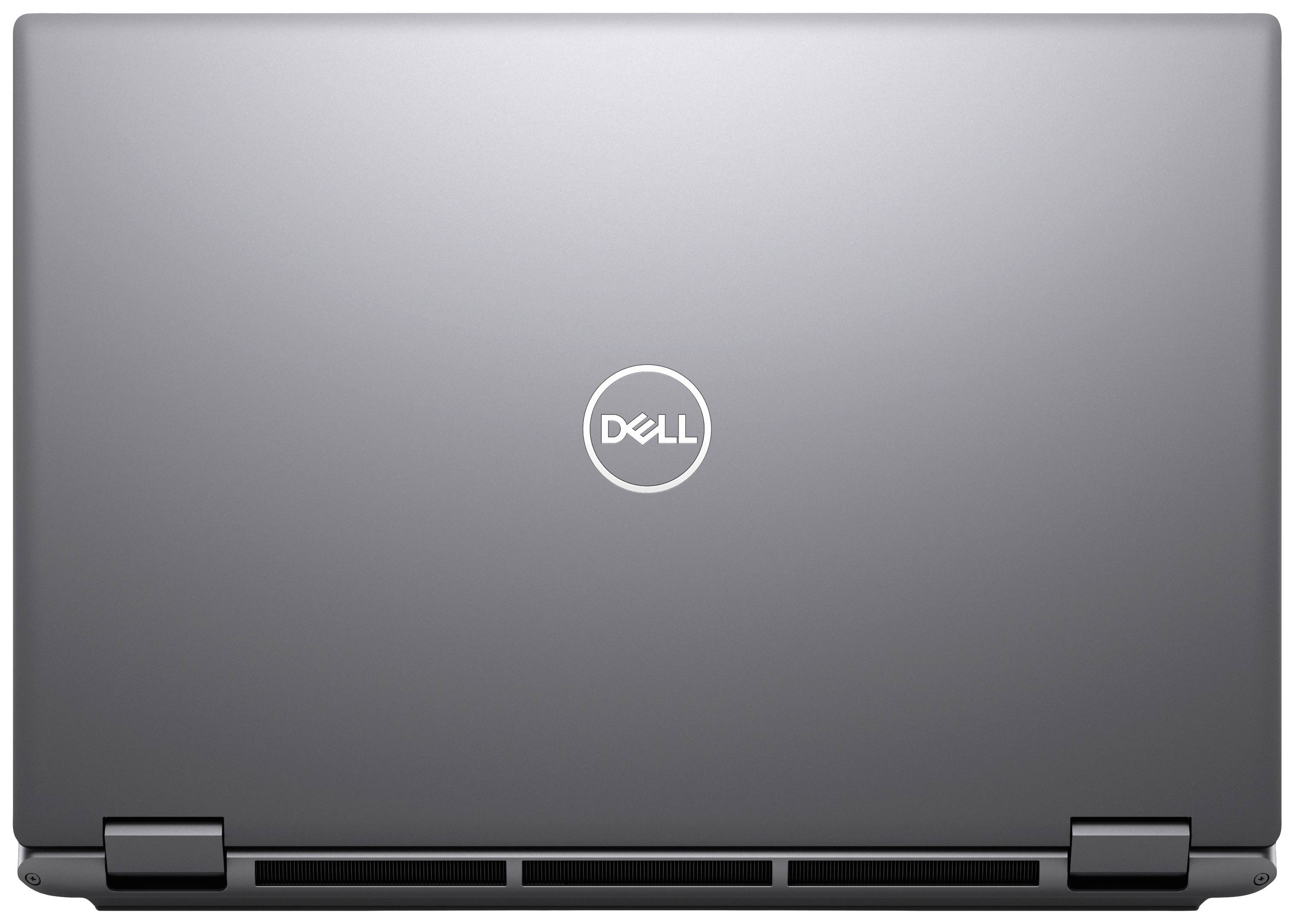 Ein Dell-Laptop mit geschlossenem silbernem Gehäuse. Das Dell-Logo befindet sich in der Mitte des Deckels.