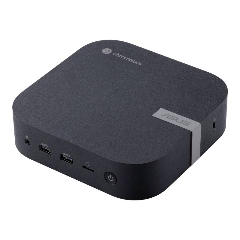 Ein schwarzer Asus Chromebox mit zwei USB-Anschlüssen, einem Kopfhöreranschluss und einem Netzschalter auf der Vorderseite.