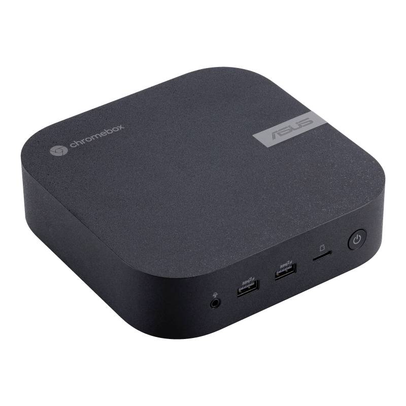 Ein schwarzer Asus Chromebox-Computer mit zwei USB-Anschlüssen und Netzschalter auf der Vorderseite. Ideal für kompakte Arbeitsplätze.