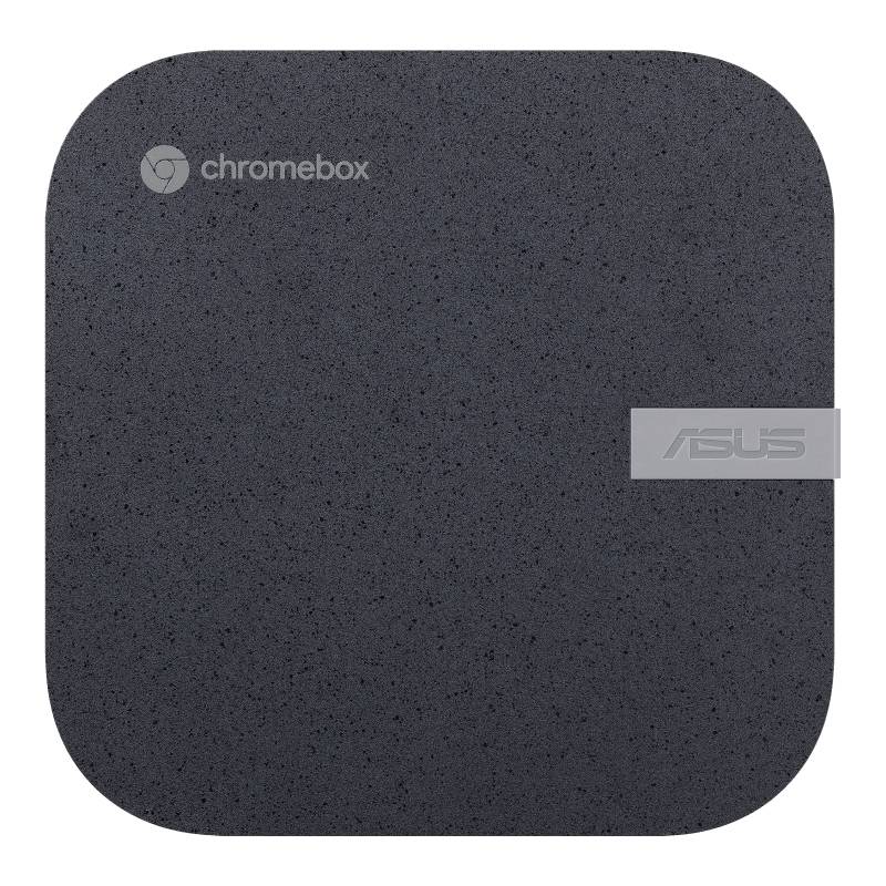 Ein grauer Asus Chromebox mit abgerundeten Ecken und dem 'Chromebox'-Logo oben links und Asus-Logo rechts sichtbar.