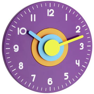 Eine Uhr mit lila Zifferblatt und weißen Zahlen. Die Zeiger sind blau und gelb, zeigen auf 10:10 Uhr. Kinderfreundliches Design.