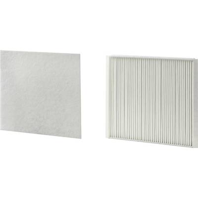 Zwei weiße Filter: links ein flacher, quadratischer Filter, rechts ein gefalteter, rechteckiger Filter, beide aus ähnlichem Material.