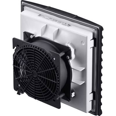 Ventilatorgerät mit schwarzem Schutzgitter und weißer Rückseite, möglicherweise für Belüftungssysteme in Gebäuden geeignet.