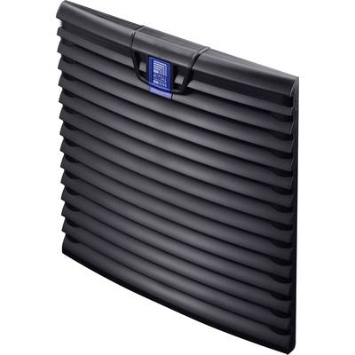 Eine schwarze Ventilatorabdeckung mit gewellten Lamellen und einem blauen Logo in der Mitte oben.