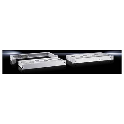 Zwei silberne Rack-Kühleinheiten, horizontal auf schwarzem Hintergrund. Links ohne Abdeckung, rechts mit geschlossener Abdeckung.