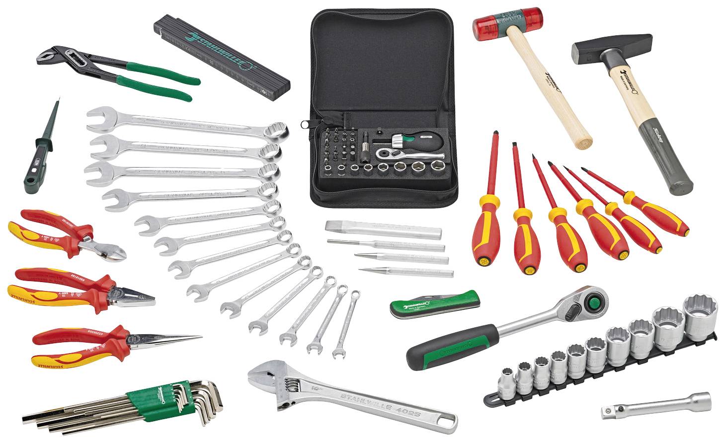 Ein Satz Handwerkzeuge, darunter Schraubenschlüssel, Schraubendreher, Zangen und Hämmer, sorgfältig angeordnet mit einer Tasche.