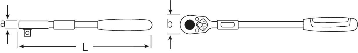 Zeichnung eines Schraubenschlüssels mit Maßen 'a', 'b' und 'L' gekennzeichnet. Links ist die Seitenansicht, rechts die Draufsicht zu sehen.