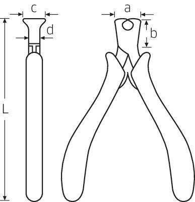 'Schema einer Zange mit den Dimensionen a, b, c, d, L. Alle Maße sind angegeben, um die Größenverhältnisse der Zange darzustellen.'