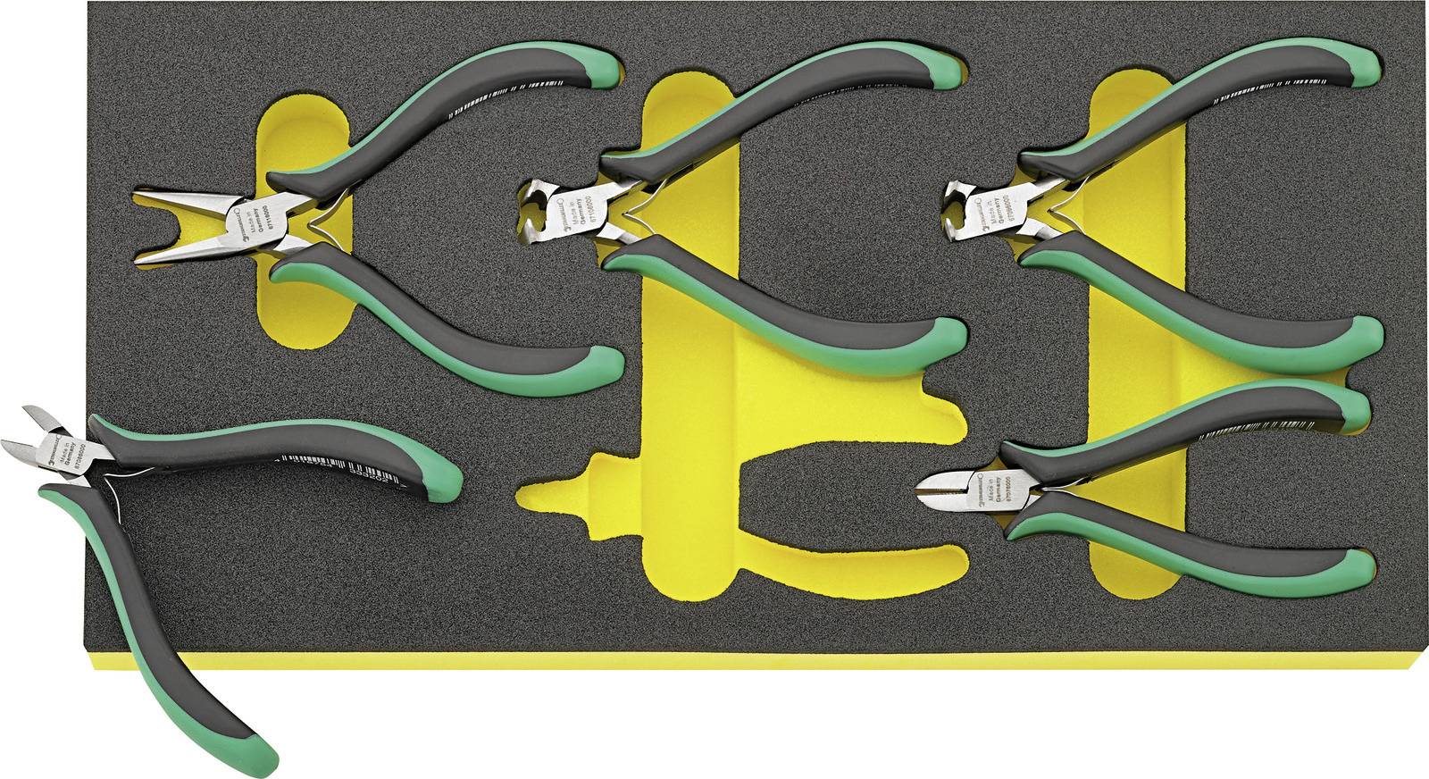 Sechs grüne und schwarze Zangen auf einem gelben Werkzeughalter mit passenden Aussparungen. Fünf Zangen sind eingelegt, eine liegt davor.