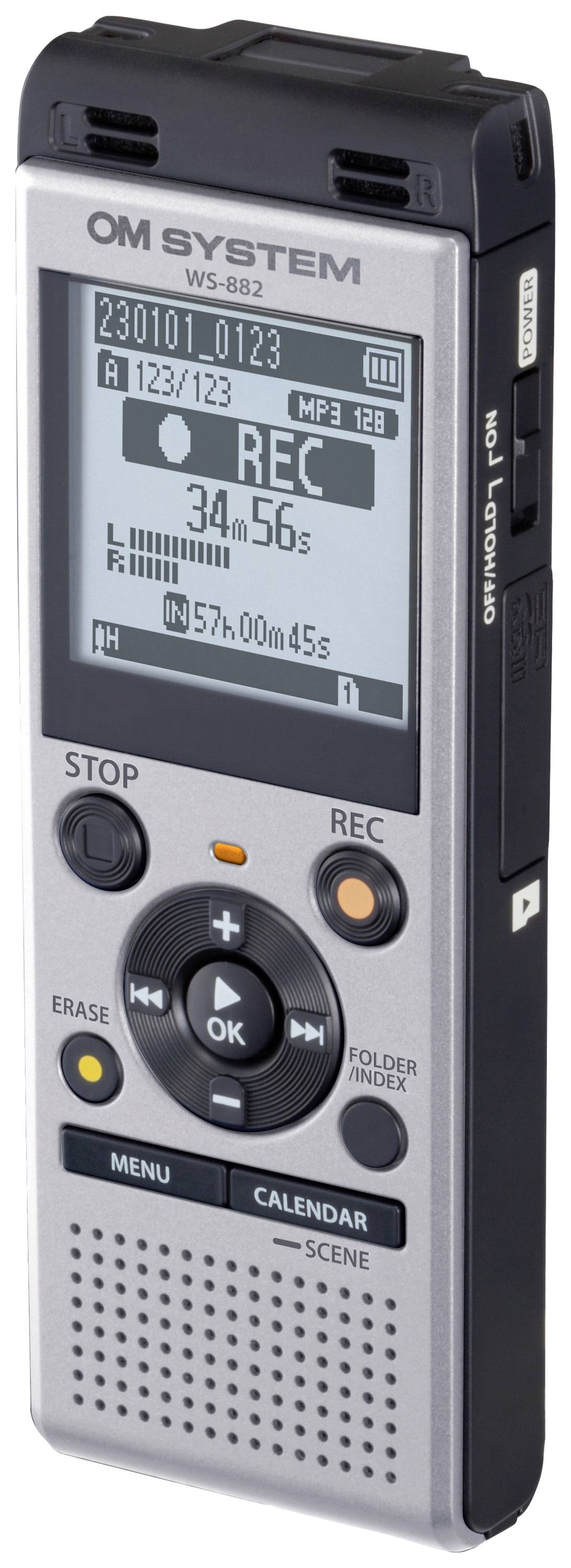 Digitaler Voice Recorder mit Display; Aufnahmezeit angezeigt. Steuerknöpfe für Stopp, Aufnahme, Menü, Kalender, Szenen.