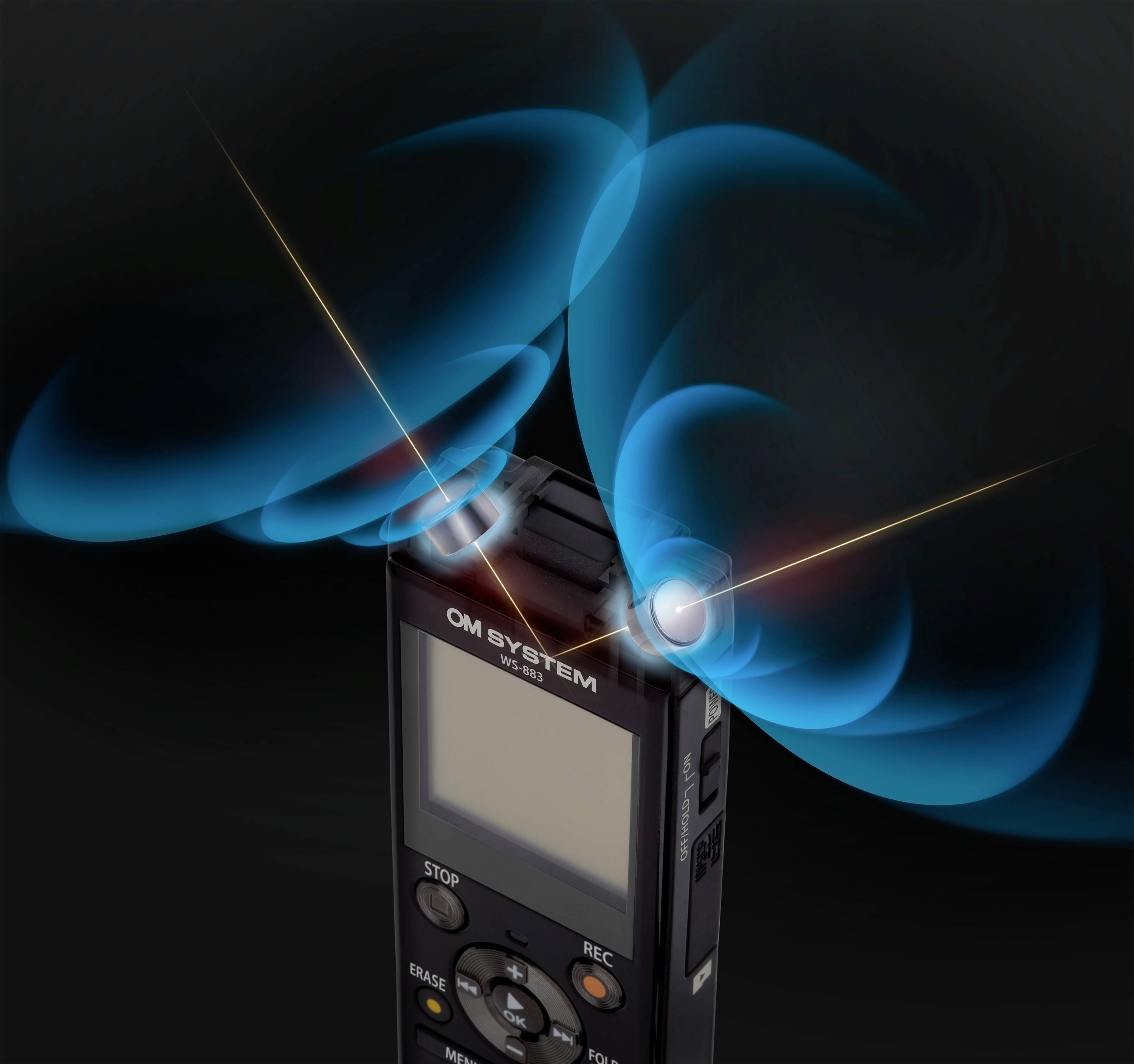 Tragbarer Audiorecorder mit zwei Mikrofonen und blauen graphischen Wellen, die den Tonfluss darstellen.