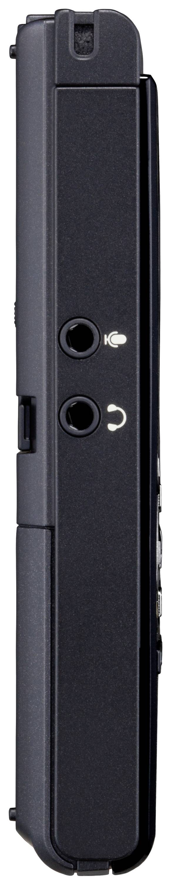 Seitenansicht eines schwarzen, zusammengeklappten Handheld-Geräts mit Kopfhöreranschluss und Lautstärkeregler oben.