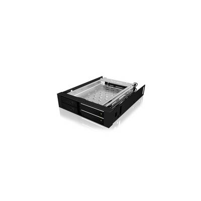 Ein schwarzer Festplattenrahmen mit zwei Einschüben für HDDs oder SSDs. Plätze teilweise ausgezogen, Metall- und Kunststoffstruktur.